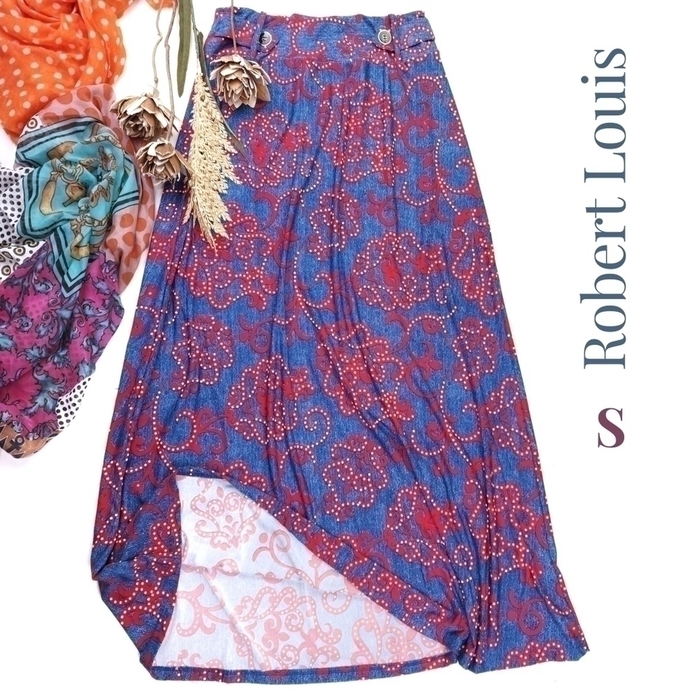 Robert Louis Blue Red Patterned Poly Blend Maxi Skirt Sz S